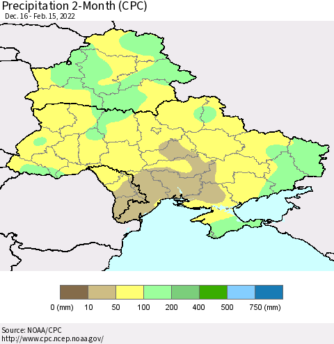 Ukraine, Moldova and Belarus Precipitation 2-Month (CPC) Thematic Map For 12/16/2021 - 2/15/2022
