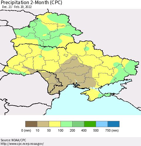 Ukraine, Moldova and Belarus Precipitation 2-Month (CPC) Thematic Map For 12/21/2021 - 2/20/2022