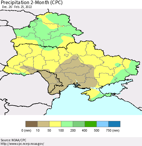 Ukraine, Moldova and Belarus Precipitation 2-Month (CPC) Thematic Map For 12/26/2021 - 2/25/2022