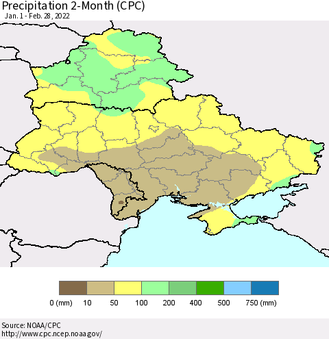 Ukraine, Moldova and Belarus Precipitation 2-Month (CPC) Thematic Map For 1/1/2022 - 2/28/2022