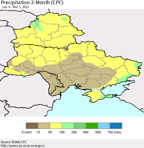 Ukraine, Moldova and Belarus Precipitation 2-Month (CPC) Thematic Map For 1/6/2022 - 3/5/2022