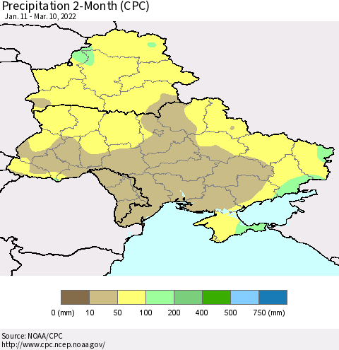Ukraine, Moldova and Belarus Precipitation 2-Month (CPC) Thematic Map For 1/11/2022 - 3/10/2022