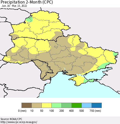 Ukraine, Moldova and Belarus Precipitation 2-Month (CPC) Thematic Map For 1/16/2022 - 3/15/2022