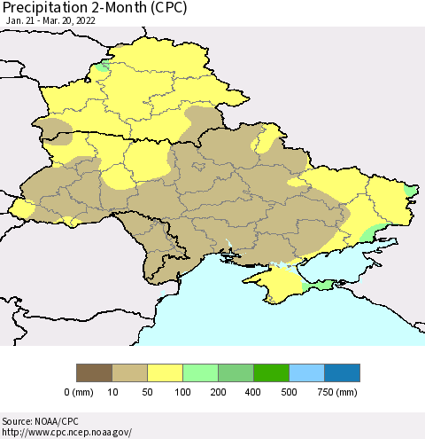Ukraine, Moldova and Belarus Precipitation 2-Month (CPC) Thematic Map For 1/21/2022 - 3/20/2022