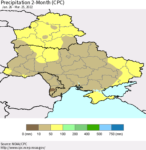 Ukraine, Moldova and Belarus Precipitation 2-Month (CPC) Thematic Map For 1/26/2022 - 3/25/2022
