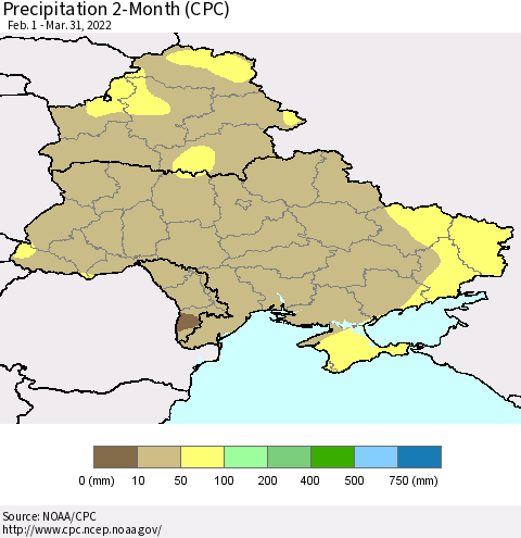 Ukraine, Moldova and Belarus Precipitation 2-Month (CPC) Thematic Map For 2/1/2022 - 3/31/2022