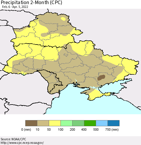 Ukraine, Moldova and Belarus Precipitation 2-Month (CPC) Thematic Map For 2/6/2022 - 4/5/2022