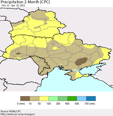 Ukraine, Moldova and Belarus Precipitation 2-Month (CPC) Thematic Map For 2/11/2022 - 4/10/2022