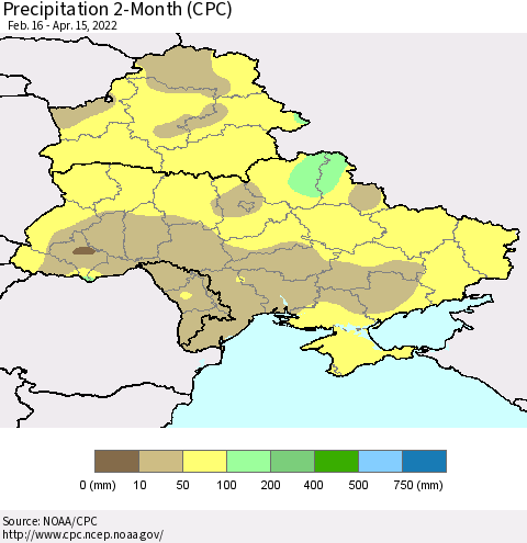Ukraine, Moldova and Belarus Precipitation 2-Month (CPC) Thematic Map For 2/16/2022 - 4/15/2022