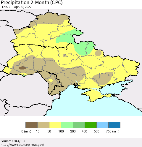 Ukraine, Moldova and Belarus Precipitation 2-Month (CPC) Thematic Map For 2/21/2022 - 4/20/2022