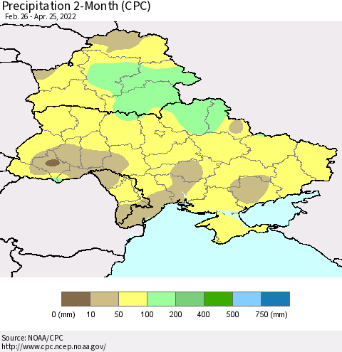 Ukraine, Moldova and Belarus Precipitation 2-Month (CPC) Thematic Map For 2/26/2022 - 4/25/2022
