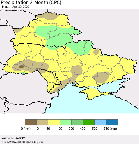 Ukraine, Moldova and Belarus Precipitation 2-Month (CPC) Thematic Map For 3/1/2022 - 4/30/2022