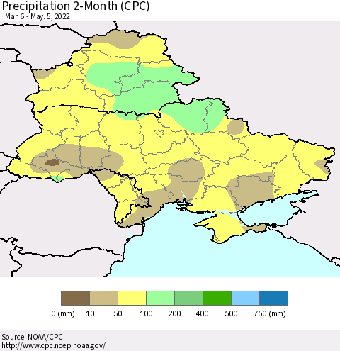 Ukraine, Moldova and Belarus Precipitation 2-Month (CPC) Thematic Map For 3/6/2022 - 5/5/2022