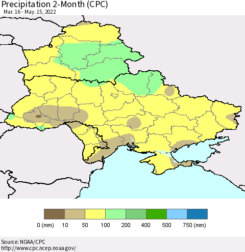 Ukraine, Moldova and Belarus Precipitation 2-Month (CPC) Thematic Map For 3/16/2022 - 5/15/2022