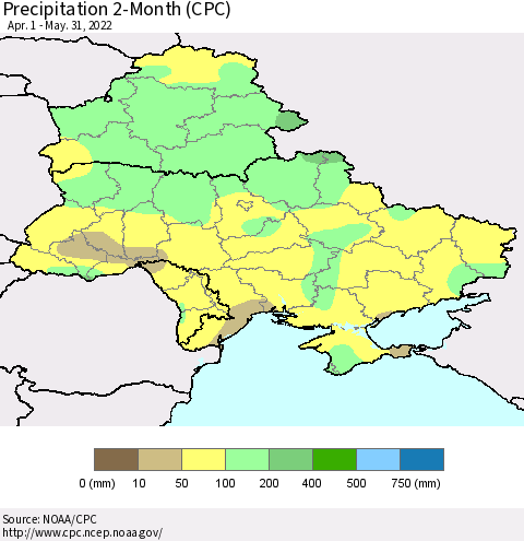 Ukraine, Moldova and Belarus Precipitation 2-Month (CPC) Thematic Map For 4/1/2022 - 5/31/2022