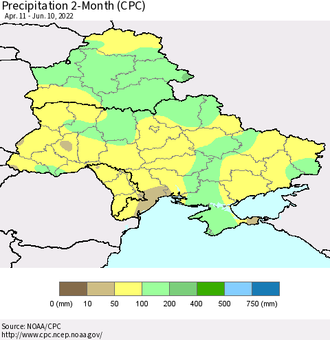 Ukraine, Moldova and Belarus Precipitation 2-Month (CPC) Thematic Map For 4/11/2022 - 6/10/2022
