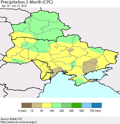 Ukraine, Moldova and Belarus Precipitation 2-Month (CPC) Thematic Map For 4/16/2022 - 6/15/2022