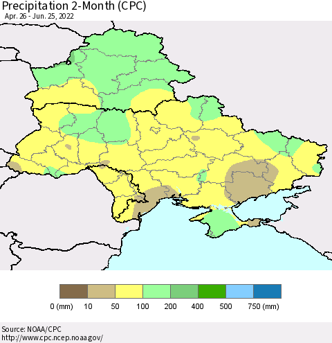 Ukraine, Moldova and Belarus Precipitation 2-Month (CPC) Thematic Map For 4/26/2022 - 6/25/2022