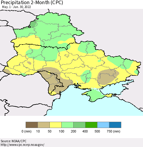 Ukraine, Moldova and Belarus Precipitation 2-Month (CPC) Thematic Map For 5/1/2022 - 6/30/2022