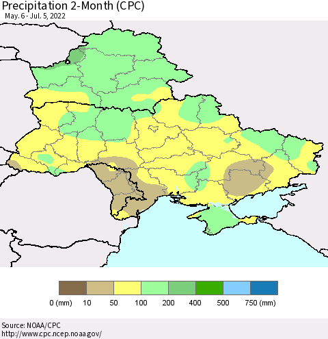Ukraine, Moldova and Belarus Precipitation 2-Month (CPC) Thematic Map For 5/6/2022 - 7/5/2022