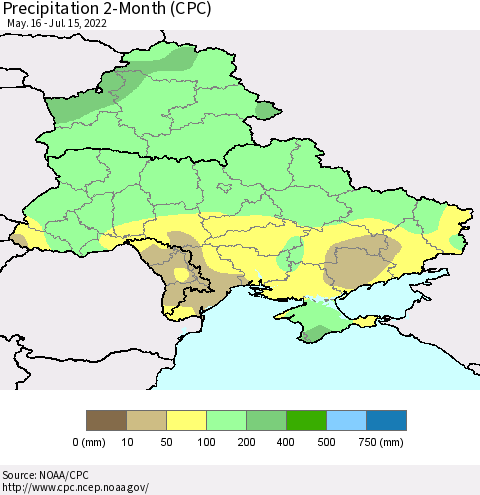 Ukraine, Moldova and Belarus Precipitation 2-Month (CPC) Thematic Map For 5/16/2022 - 7/15/2022