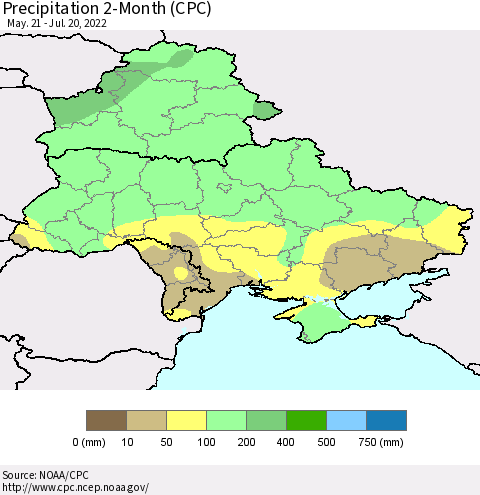 Ukraine, Moldova and Belarus Precipitation 2-Month (CPC) Thematic Map For 5/21/2022 - 7/20/2022