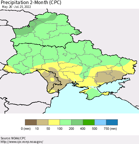 Ukraine, Moldova and Belarus Precipitation 2-Month (CPC) Thematic Map For 5/26/2022 - 7/25/2022