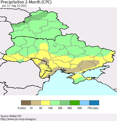 Ukraine, Moldova and Belarus Precipitation 2-Month (CPC) Thematic Map For 6/11/2022 - 8/10/2022