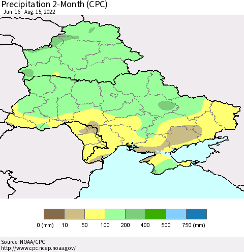 Ukraine, Moldova and Belarus Precipitation 2-Month (CPC) Thematic Map For 6/16/2022 - 8/15/2022