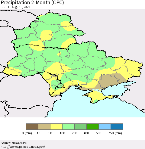 Ukraine, Moldova and Belarus Precipitation 2-Month (CPC) Thematic Map For 7/1/2022 - 8/31/2022