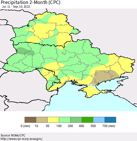 Ukraine, Moldova and Belarus Precipitation 2-Month (CPC) Thematic Map For 7/11/2022 - 9/10/2022