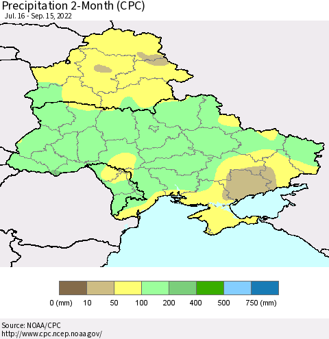 Ukraine, Moldova and Belarus Precipitation 2-Month (CPC) Thematic Map For 7/16/2022 - 9/15/2022