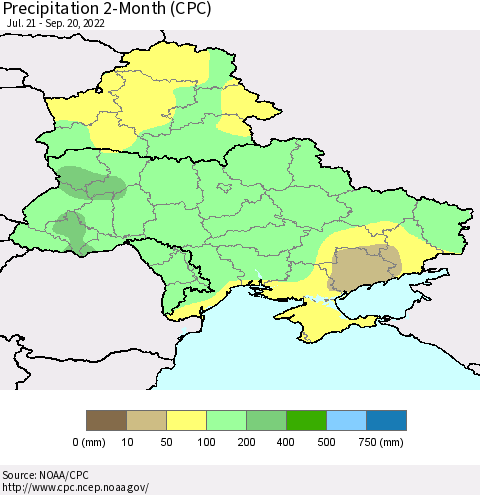 Ukraine, Moldova and Belarus Precipitation 2-Month (CPC) Thematic Map For 7/21/2022 - 9/20/2022