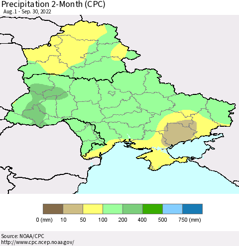 Ukraine, Moldova and Belarus Precipitation 2-Month (CPC) Thematic Map For 8/1/2022 - 9/30/2022