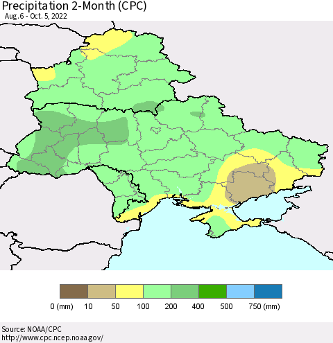 Ukraine, Moldova and Belarus Precipitation 2-Month (CPC) Thematic Map For 8/6/2022 - 10/5/2022