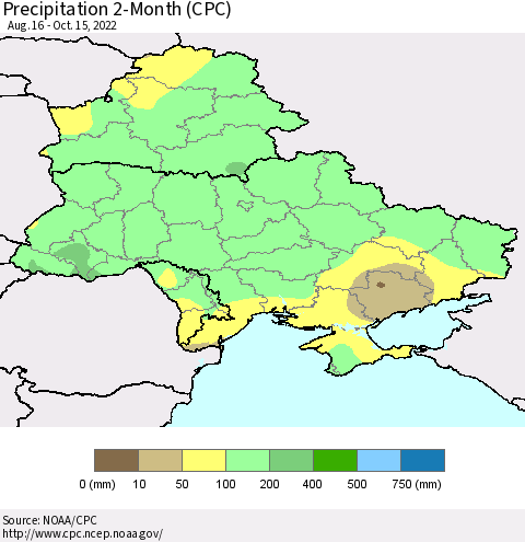 Ukraine, Moldova and Belarus Precipitation 2-Month (CPC) Thematic Map For 8/16/2022 - 10/15/2022