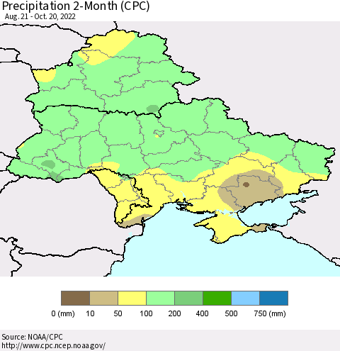 Ukraine, Moldova and Belarus Precipitation 2-Month (CPC) Thematic Map For 8/21/2022 - 10/20/2022