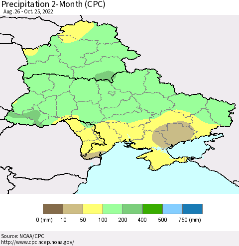 Ukraine, Moldova and Belarus Precipitation 2-Month (CPC) Thematic Map For 8/26/2022 - 10/25/2022