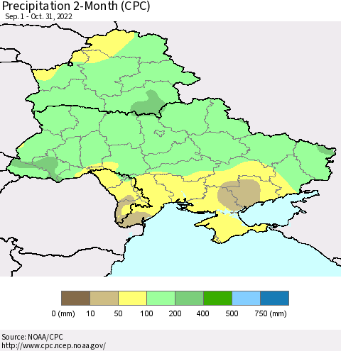 Ukraine, Moldova and Belarus Precipitation 2-Month (CPC) Thematic Map For 9/1/2022 - 10/31/2022