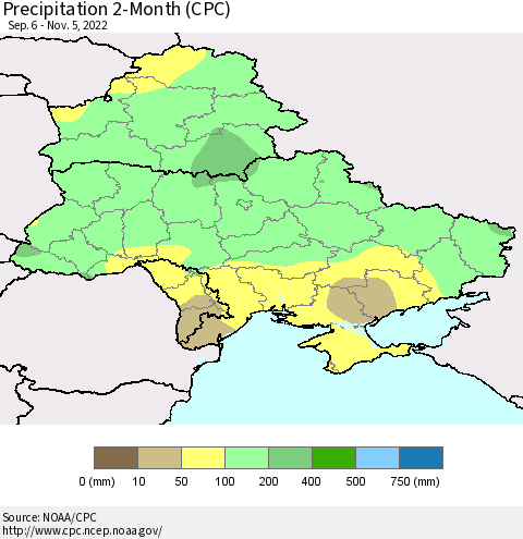 Ukraine, Moldova and Belarus Precipitation 2-Month (CPC) Thematic Map For 9/6/2022 - 11/5/2022