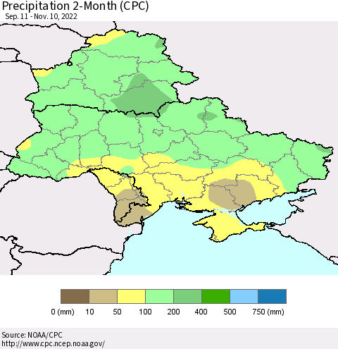 Ukraine, Moldova and Belarus Precipitation 2-Month (CPC) Thematic Map For 9/11/2022 - 11/10/2022
