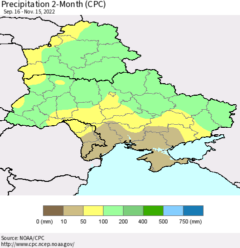 Ukraine, Moldova and Belarus Precipitation 2-Month (CPC) Thematic Map For 9/16/2022 - 11/15/2022
