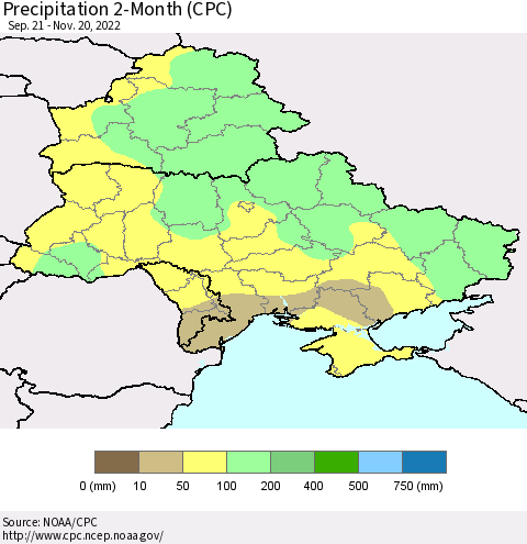 Ukraine, Moldova and Belarus Precipitation 2-Month (CPC) Thematic Map For 9/21/2022 - 11/20/2022