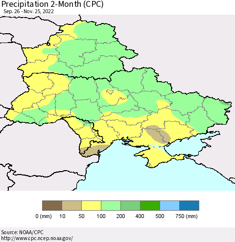 Ukraine, Moldova and Belarus Precipitation 2-Month (CPC) Thematic Map For 9/26/2022 - 11/25/2022