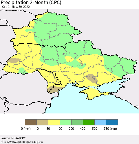 Ukraine, Moldova and Belarus Precipitation 2-Month (CPC) Thematic Map For 10/1/2022 - 11/30/2022