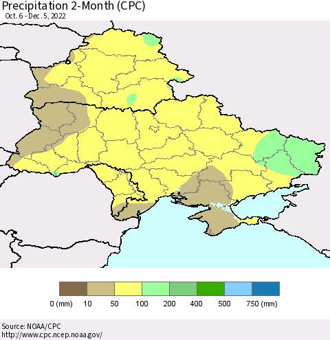 Ukraine, Moldova and Belarus Precipitation 2-Month (CPC) Thematic Map For 10/6/2022 - 12/5/2022