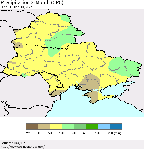 Ukraine, Moldova and Belarus Precipitation 2-Month (CPC) Thematic Map For 10/11/2022 - 12/10/2022