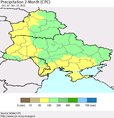 Ukraine, Moldova and Belarus Precipitation 2-Month (CPC) Thematic Map For 10/16/2022 - 12/15/2022
