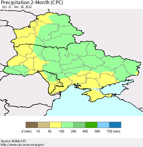 Ukraine, Moldova and Belarus Precipitation 2-Month (CPC) Thematic Map For 10/21/2022 - 12/20/2022