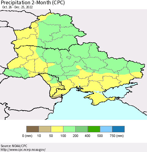Ukraine, Moldova and Belarus Precipitation 2-Month (CPC) Thematic Map For 10/26/2022 - 12/25/2022